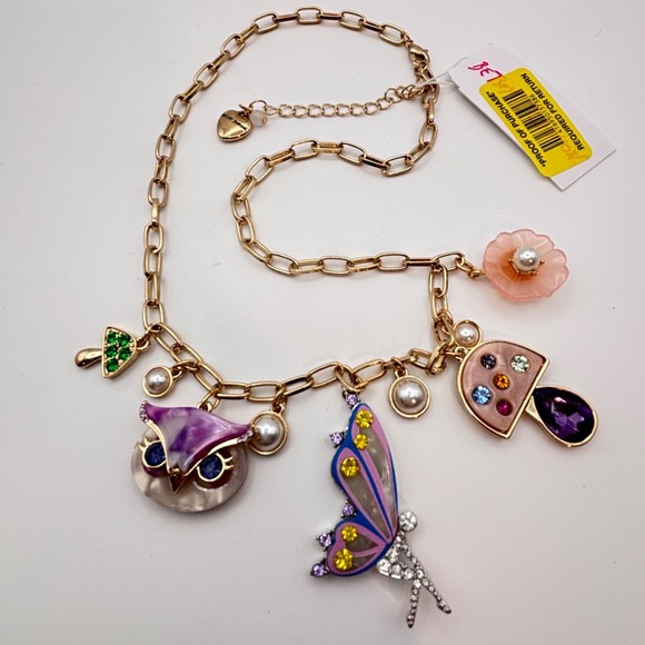 Betsey Johnson Necklace Fairy Owl Mushrooms Charms Rhinestones 18" NWT - Picture 2 of 9